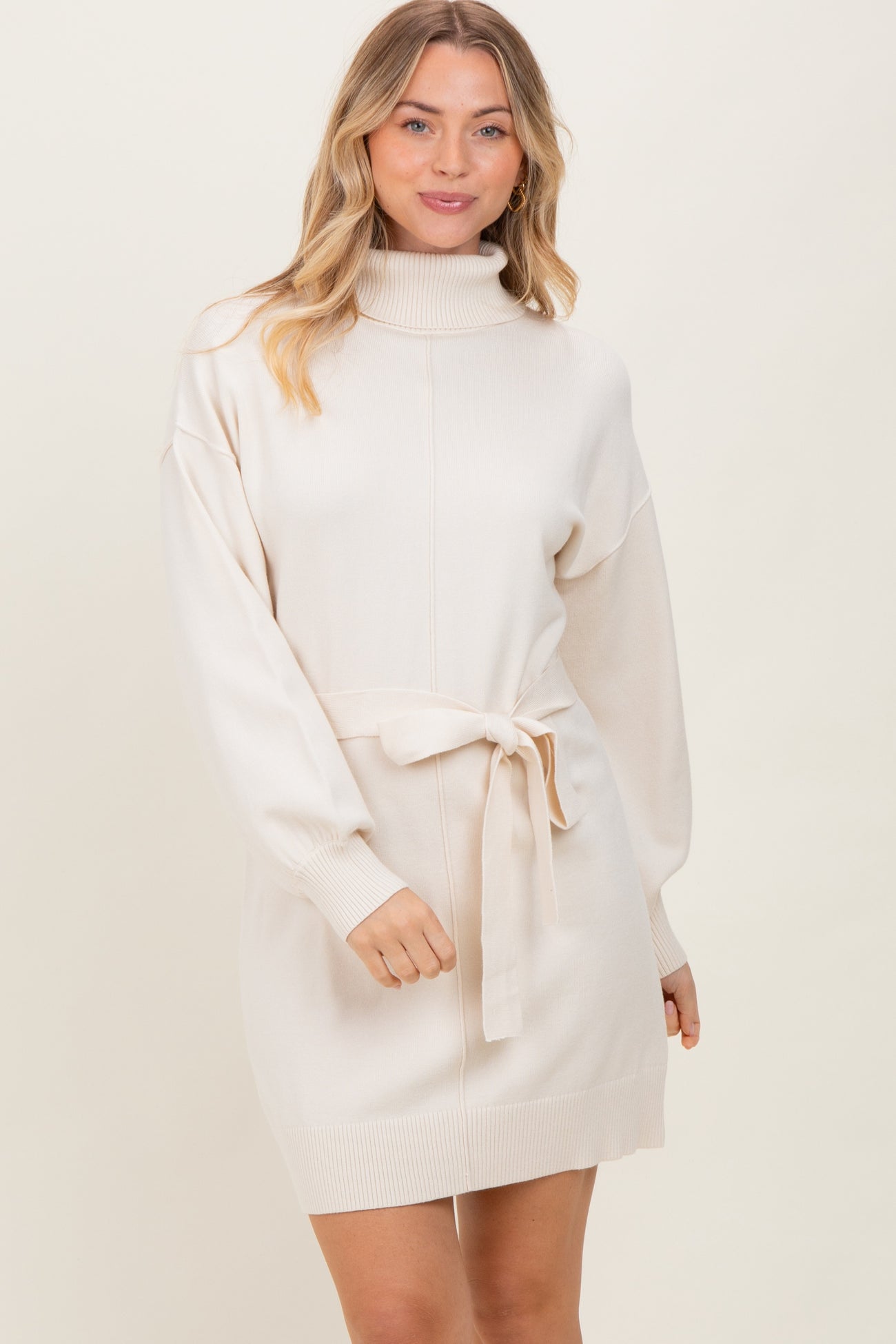 Cream Turtleneck Belted Mini Sweater Maternity Dress
