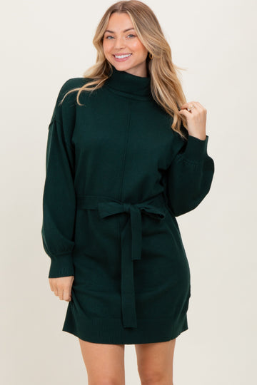 Forest Green Turtleneck Belted Mini Sweater Dress