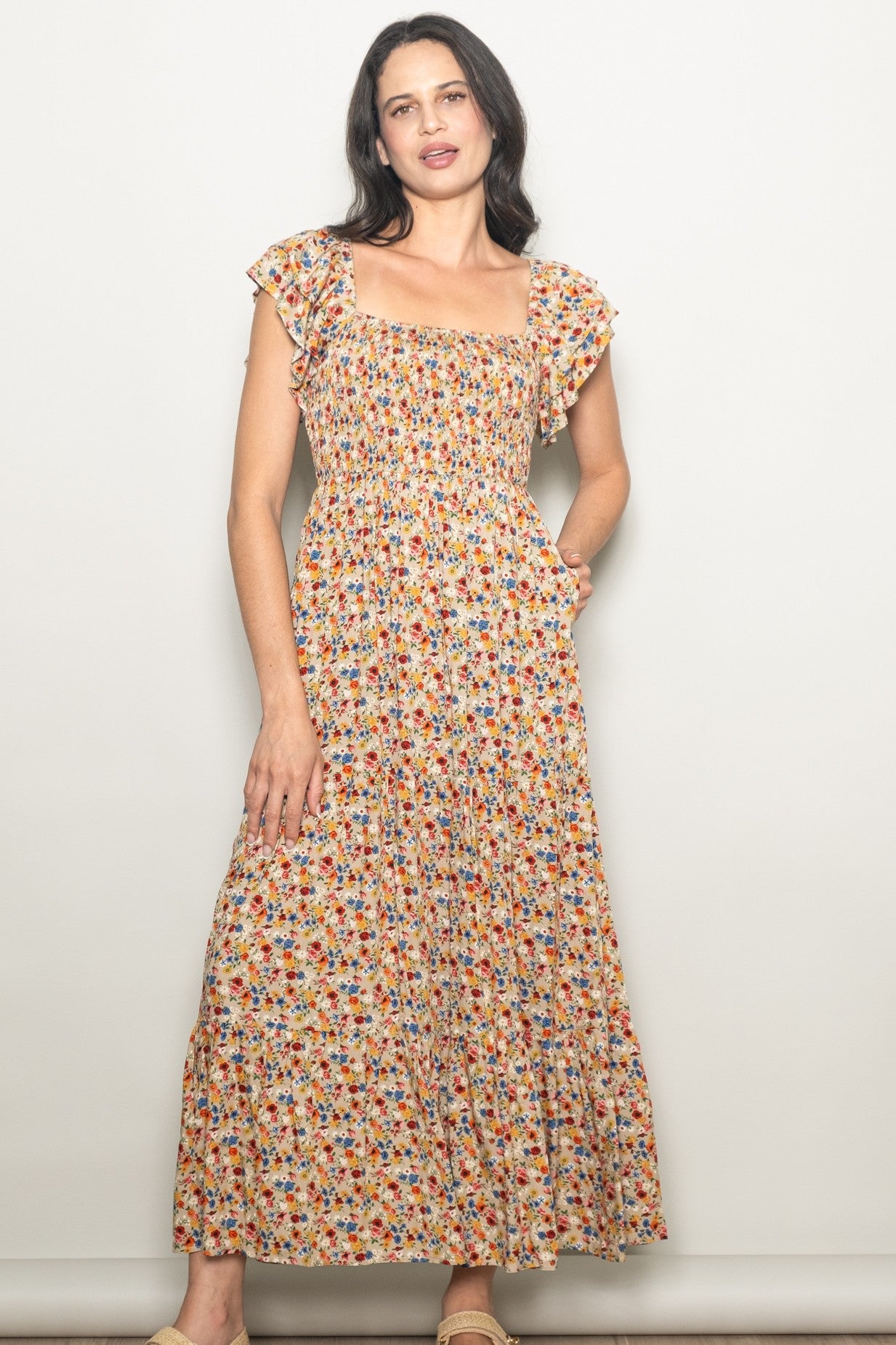 Camel Floral Off Shoulder Smocked Maternity Maxi Dress