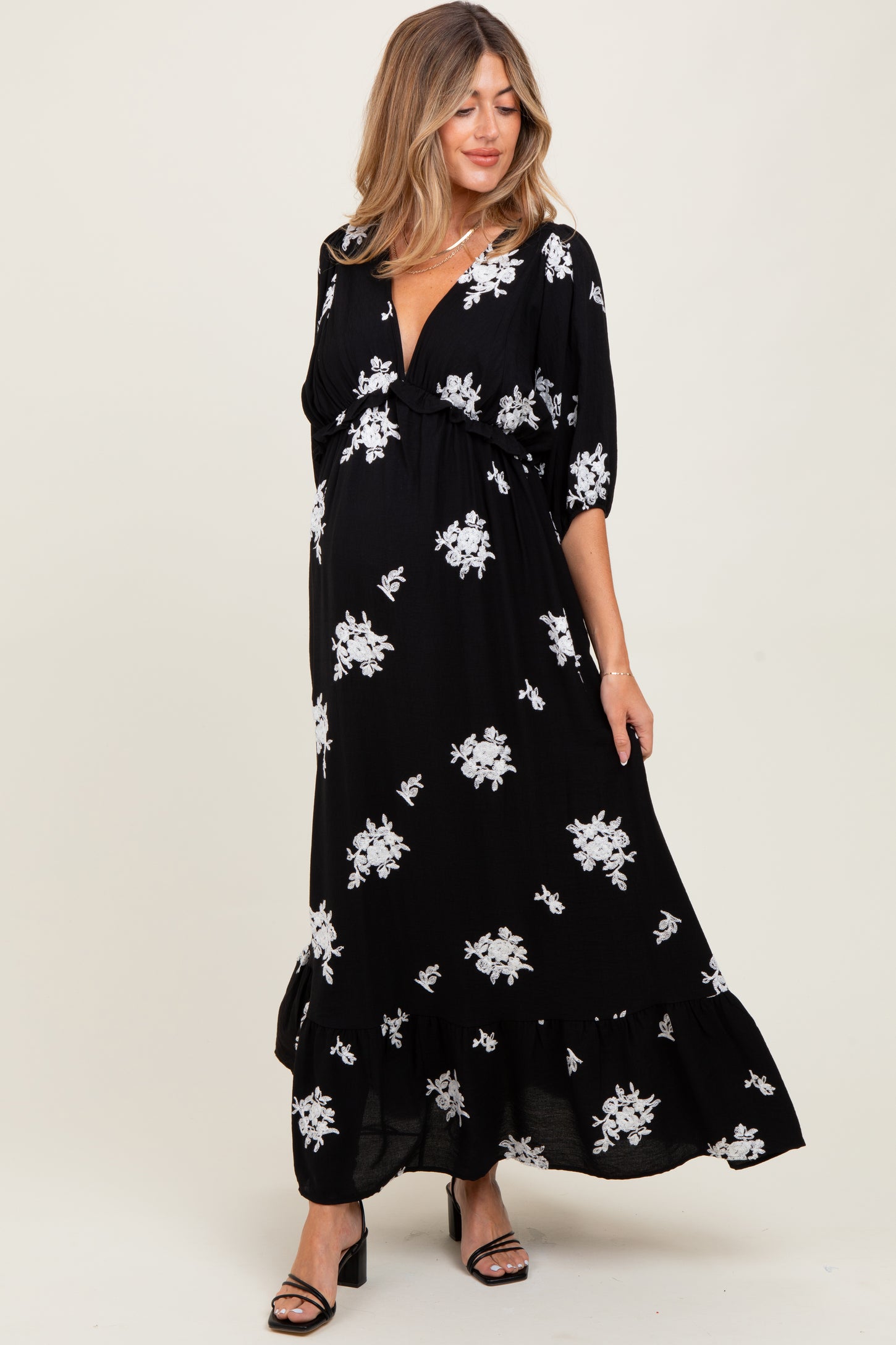 Black Vintage Floral Embroidered V-Neck 3/4 Sleeve Maternity Maxi Dress