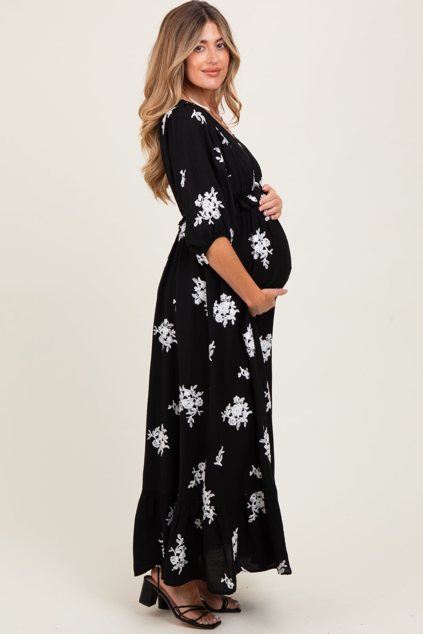 Black Vintage Floral Embroidered V-Neck 3/4 Sleeve Maternity Maxi Dress