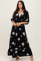 Black Vintage Floral Embroidered V-Neck 3/4 Sleeve Maxi Dress