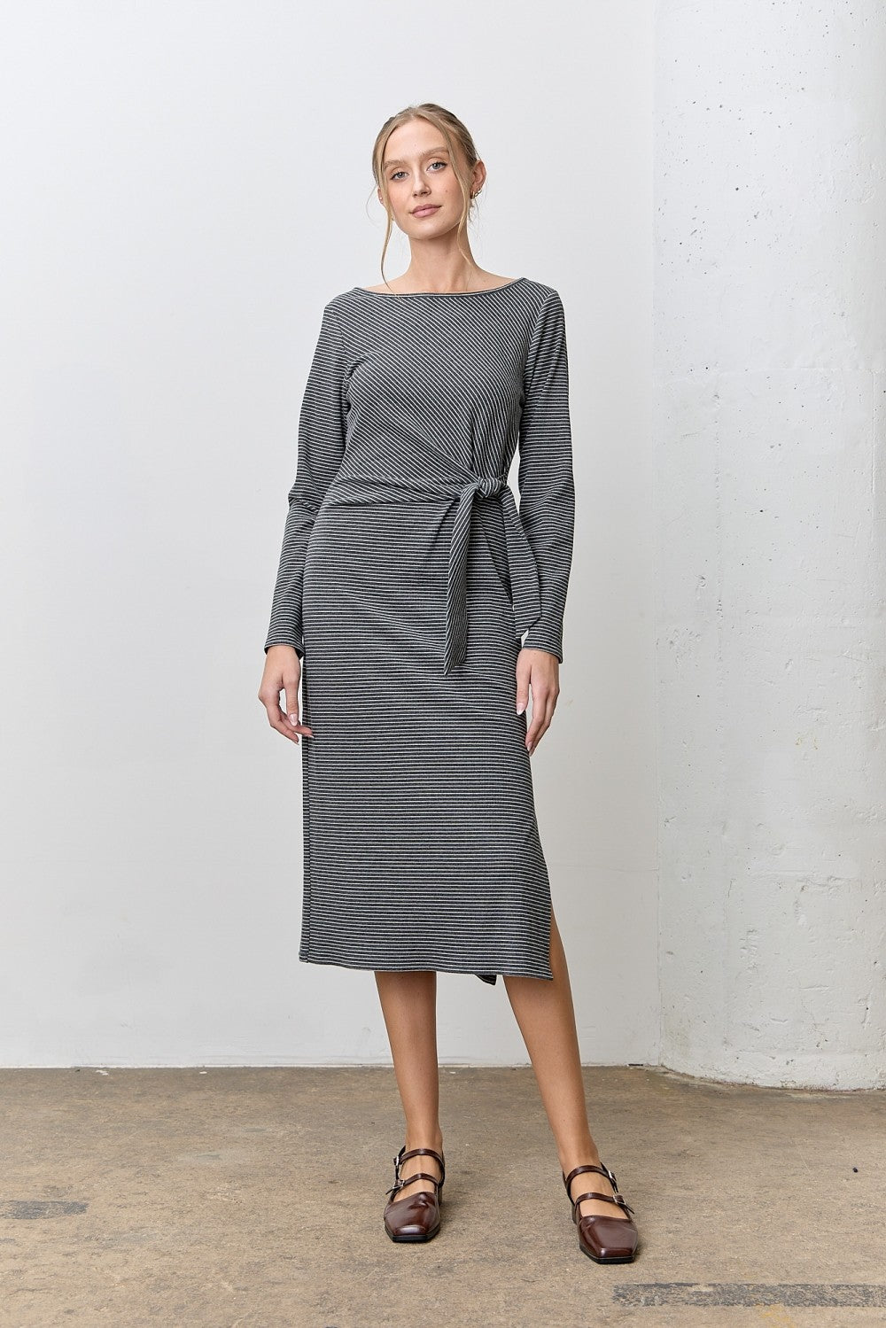 Charcoal Side Tie Long Sleeve Maternity Midi Dress
