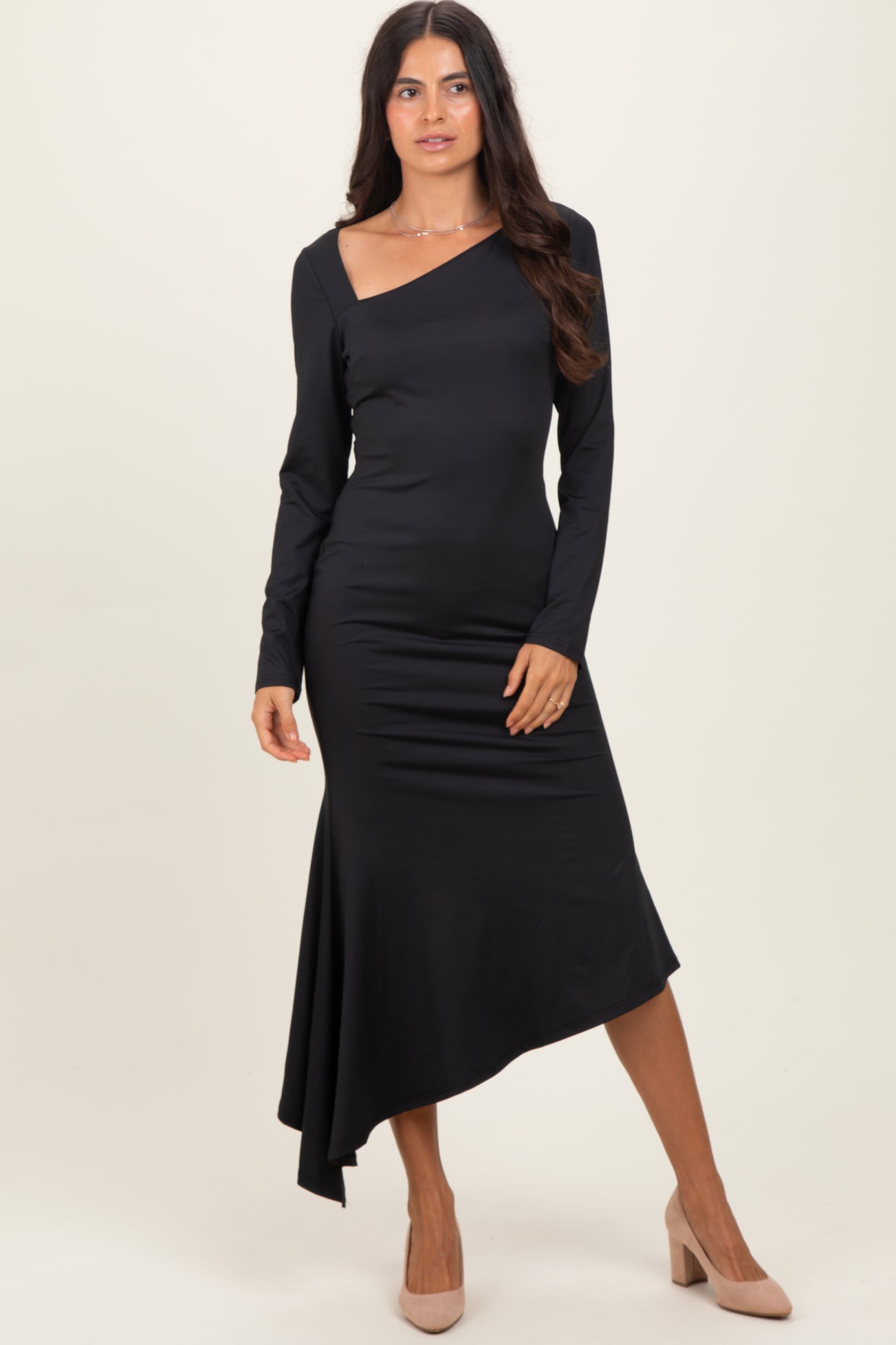 Black Asymmetric Hem Maternity Midi Dress