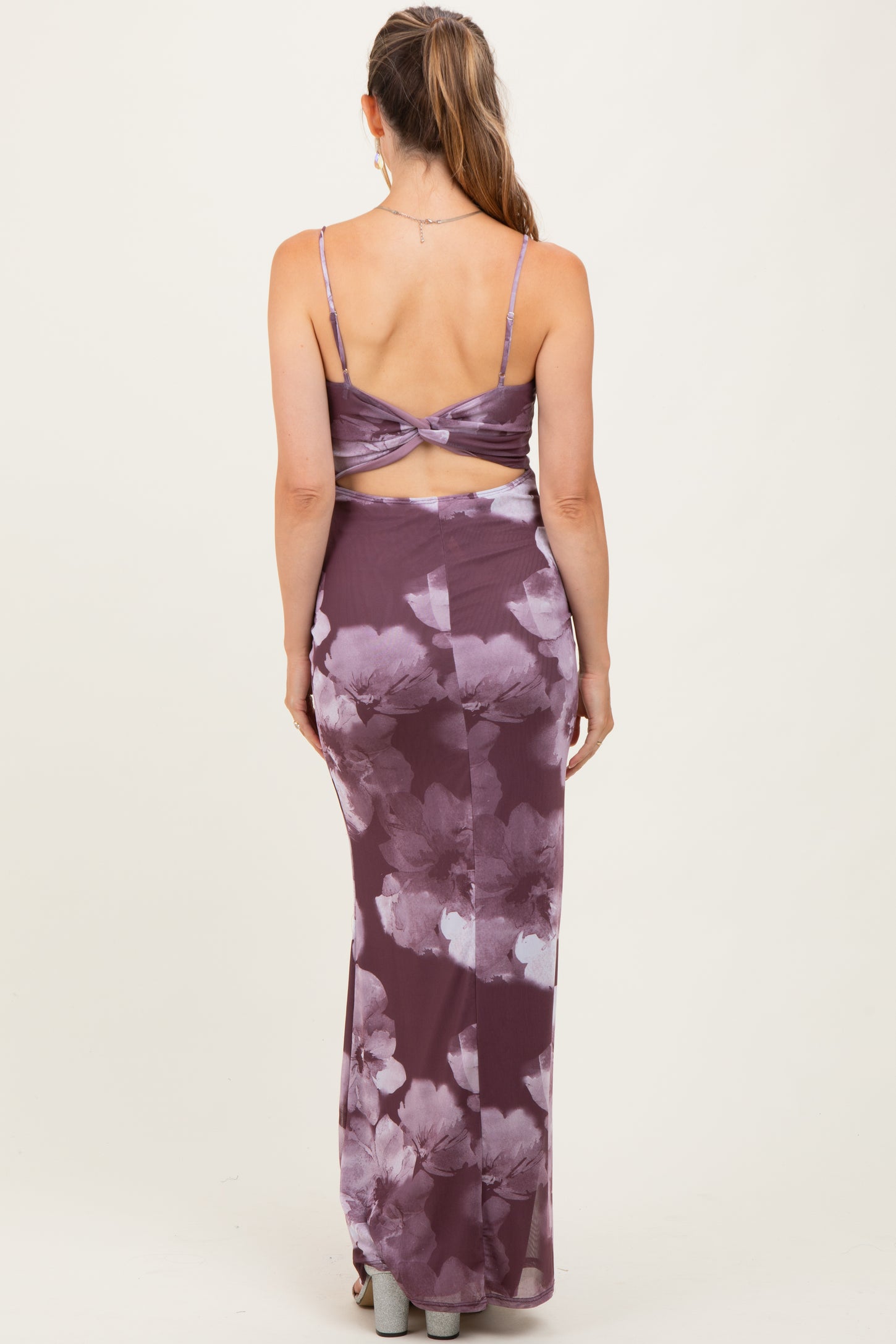 Purple Floral Mesh Sleeveless Cutout Maternity Maxi Dress