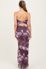 Purple Floral Mesh Sleeveless Cutout Maternity Maxi Dress