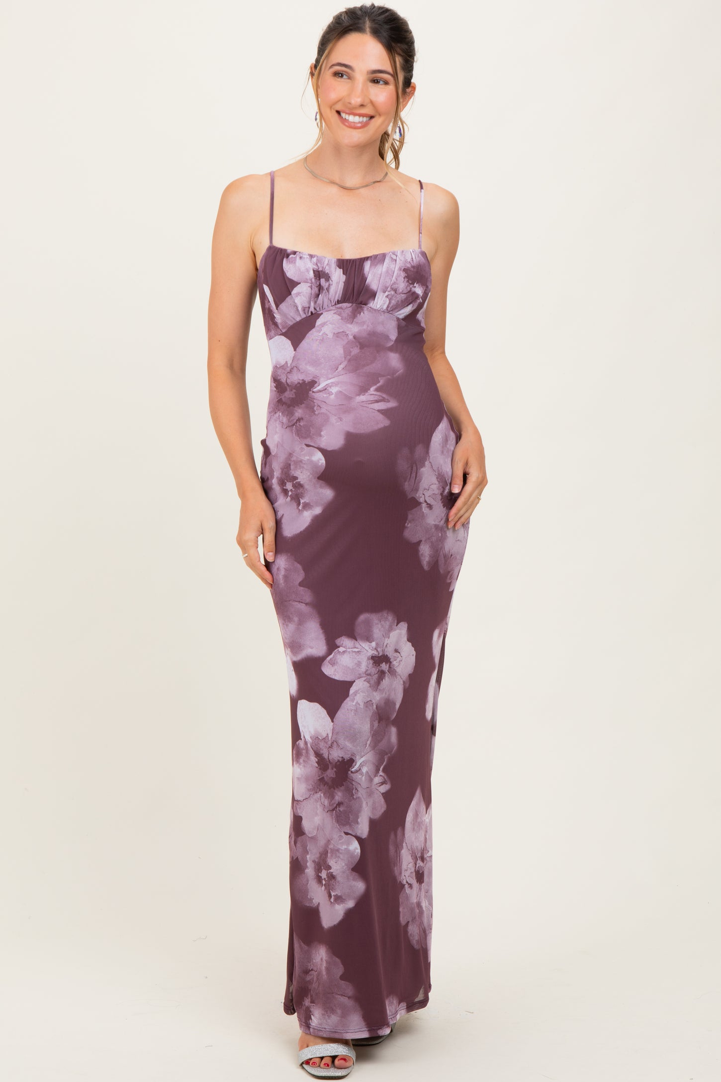 Purple Floral Mesh Sleeveless Cutout Maternity Maxi Dress