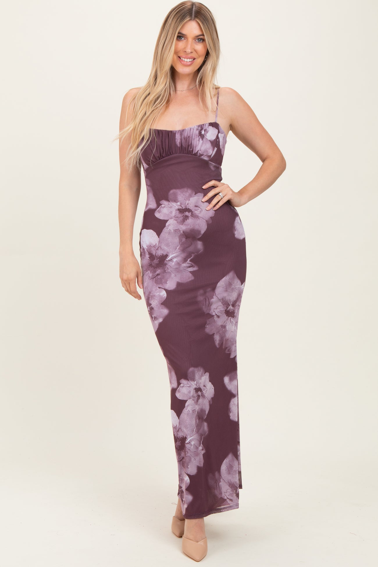 Purple Floral Mesh Sleeveless Cutout Maxi Dress
