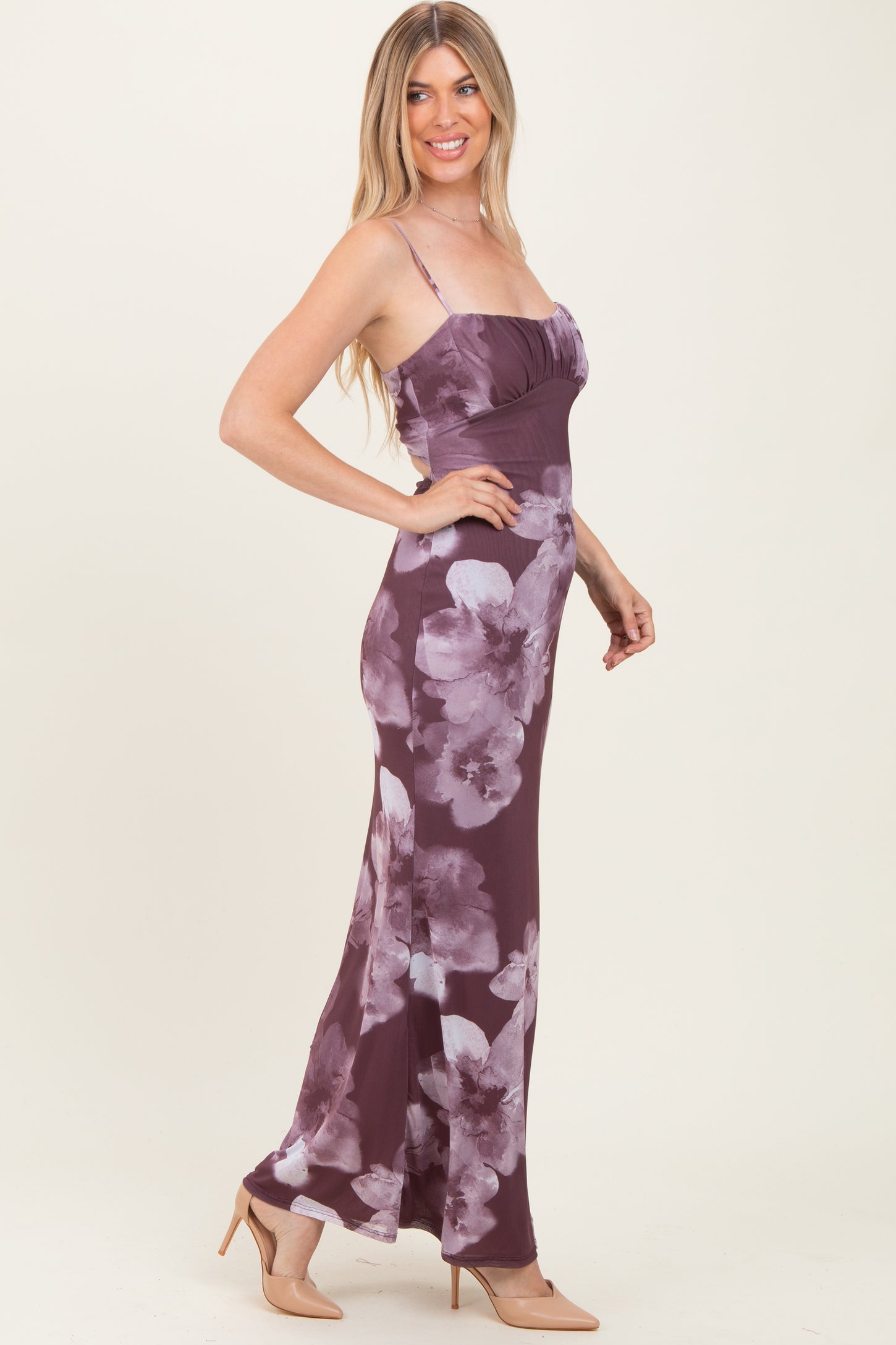 Purple Floral Mesh Sleeveless Cutout Maxi Dress