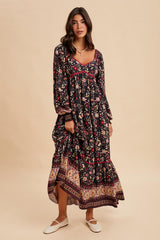 Navy Floral Border Print Long Sleeve Maxi Dress