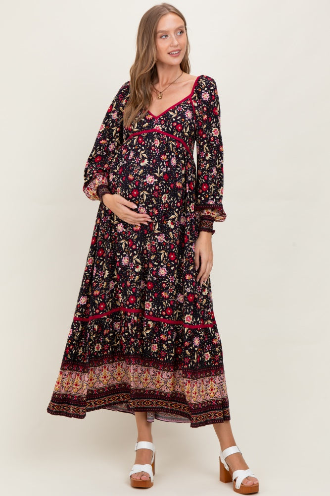 Navy Floral Border Print Long Sleeve Maternity Maxi Dress