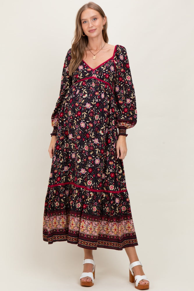 Navy Floral Border Print Long Sleeve Maternity Maxi Dress