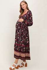 Navy Floral Border Print Long Sleeve Maternity Maxi Dress