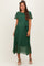 woman wearing a green floral maternity dress with short sleeves and a tied waist detail