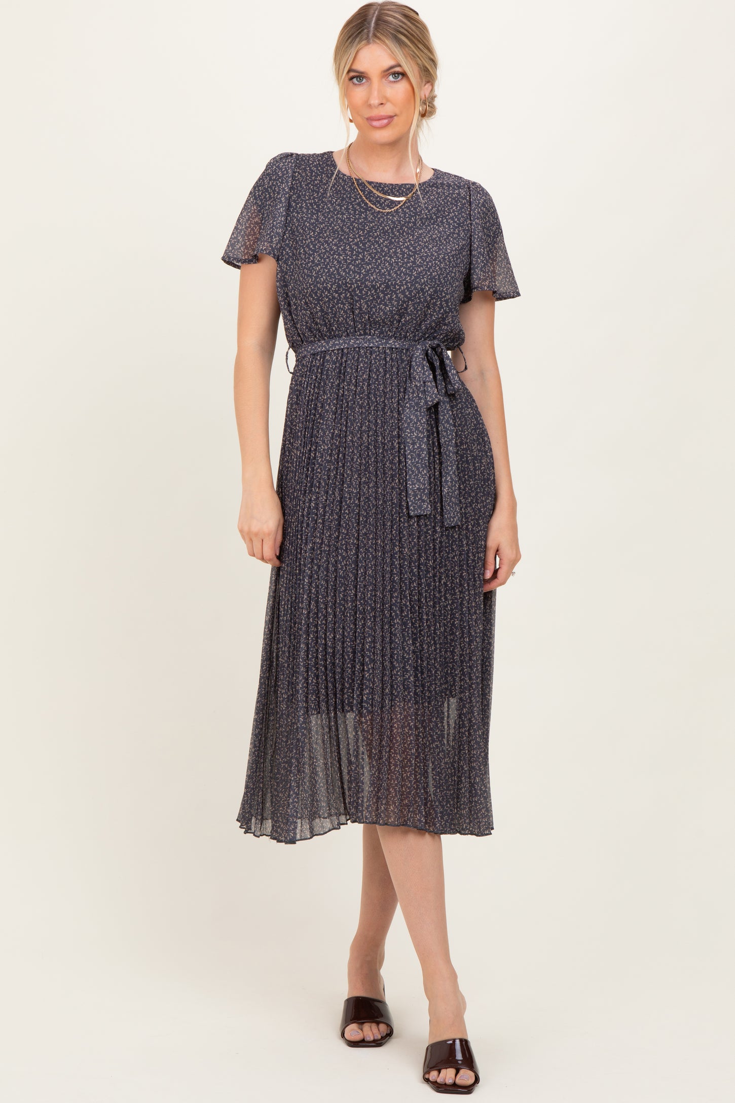 Grey Leaf Print Pleated Maternity Midi Dress