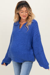 Royal Blue Collared Cable Knit Maternity Sweater