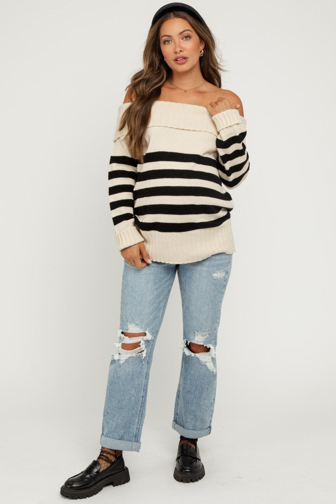 Cream Striped Off Shoulder Maternity Sweater