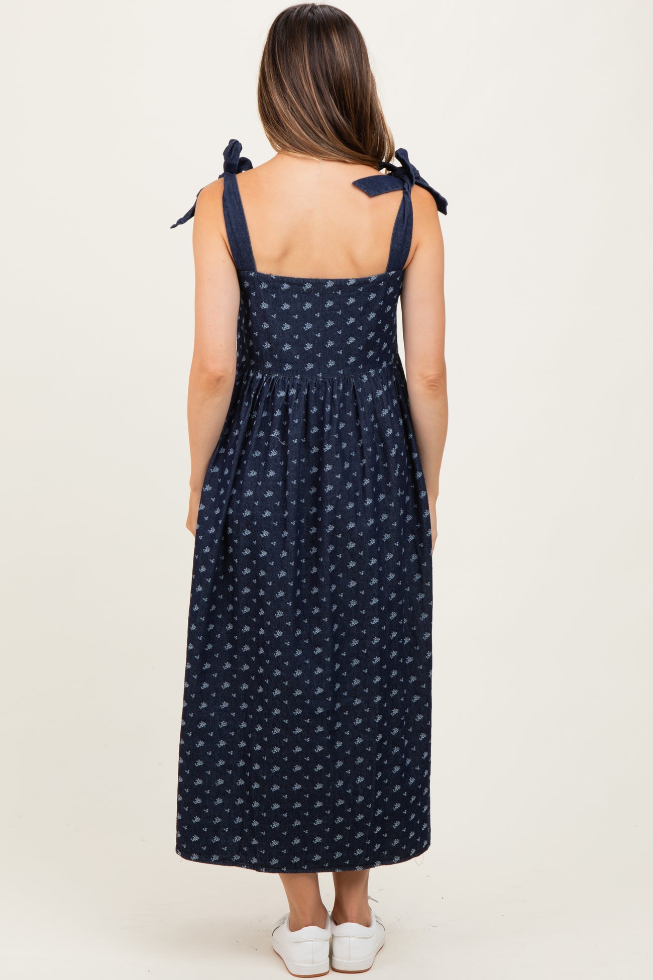 Navy Floral Button Down Shoulder Tie Maternity Midi Dress