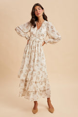 Cream Vintage Floral Ruffle Tiered Hem Maxi Dress