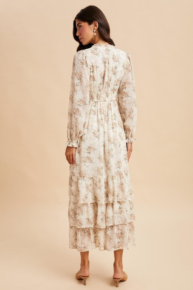 Cream Vintage Floral Ruffle Tiered Hem Maxi Dress
