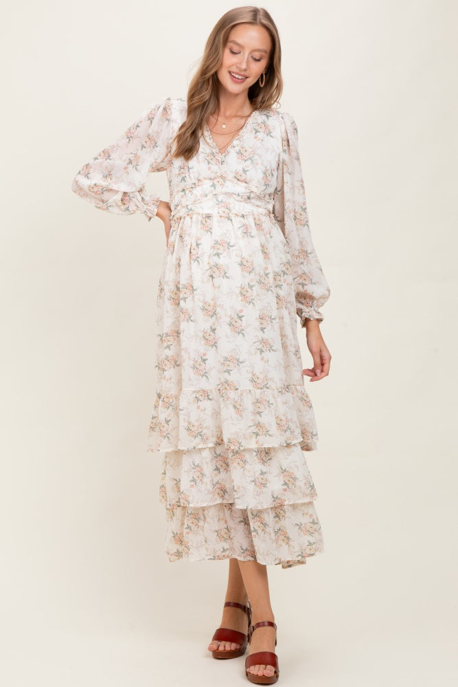 Cream Vintage Floral Ruffle Tiered Hem Maternity Maxi Dress