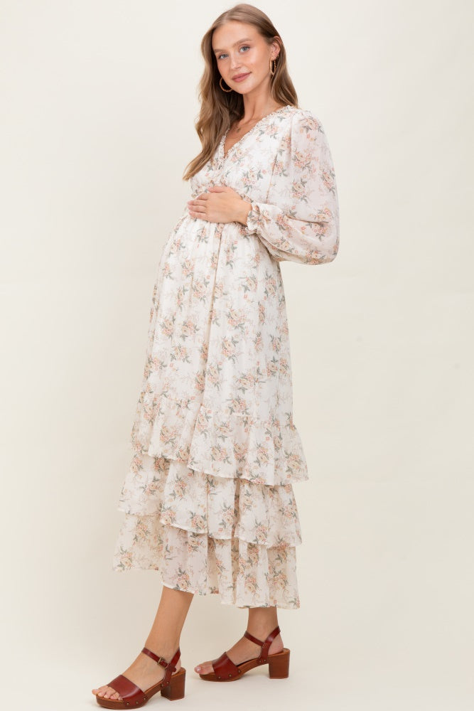 Cream Vintage Floral Ruffle Tiered Hem Maternity Maxi Dress