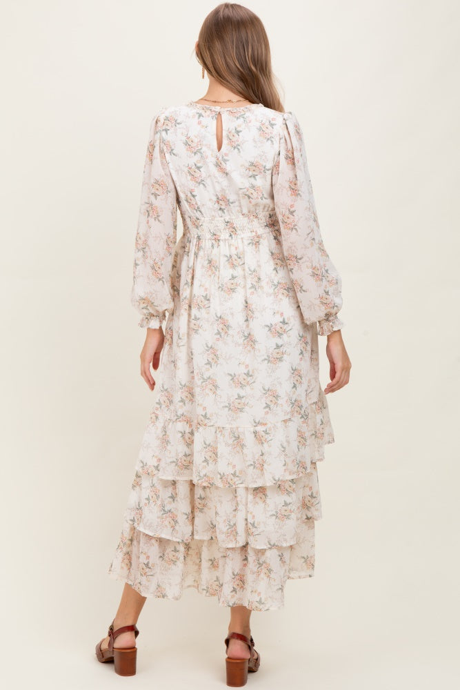 Cream Vintage Floral Ruffle Tiered Hem Maternity Maxi Dress