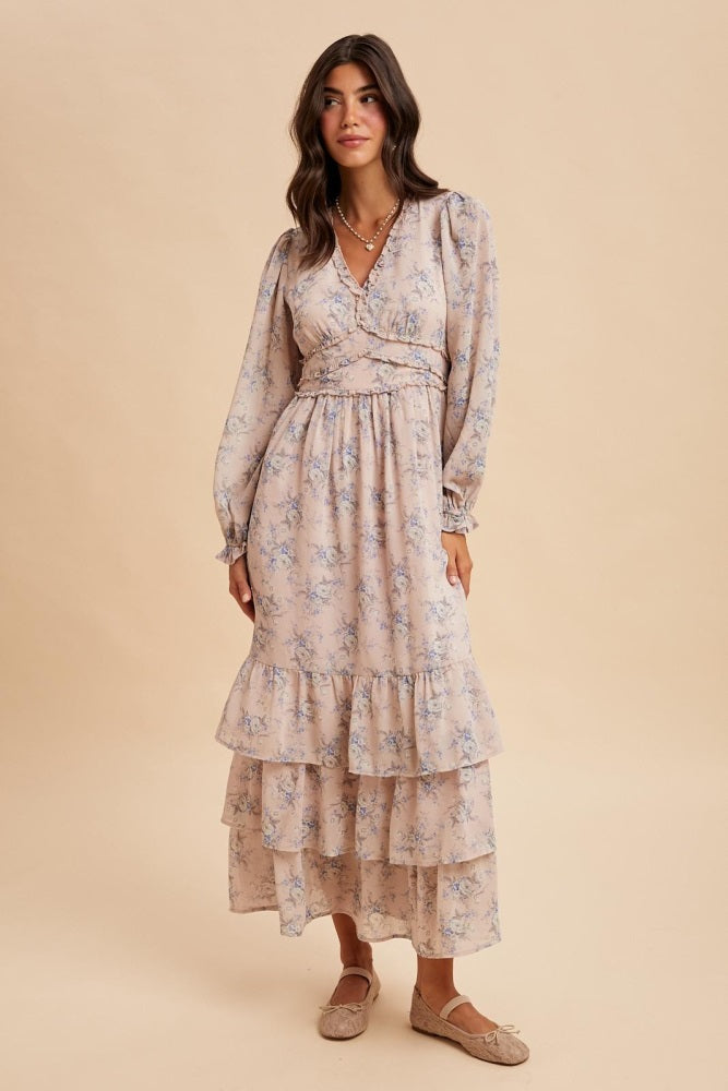 Light Pink Vintage Floral Ruffle Tiered Hem Maxi Dress