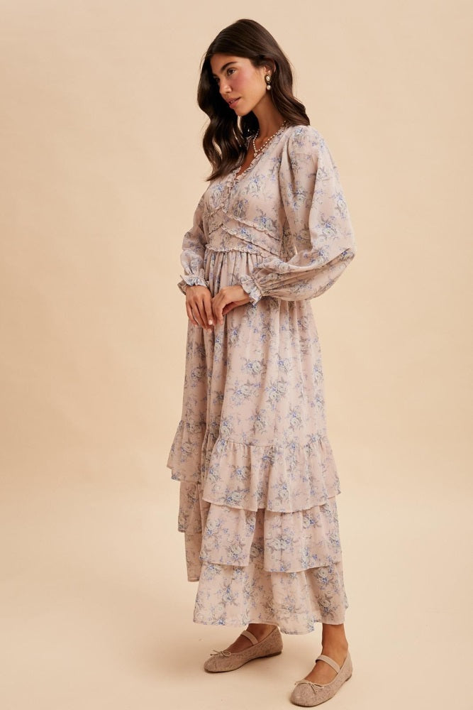 Light Pink Vintage Floral Ruffle Tiered Hem Maxi Dress