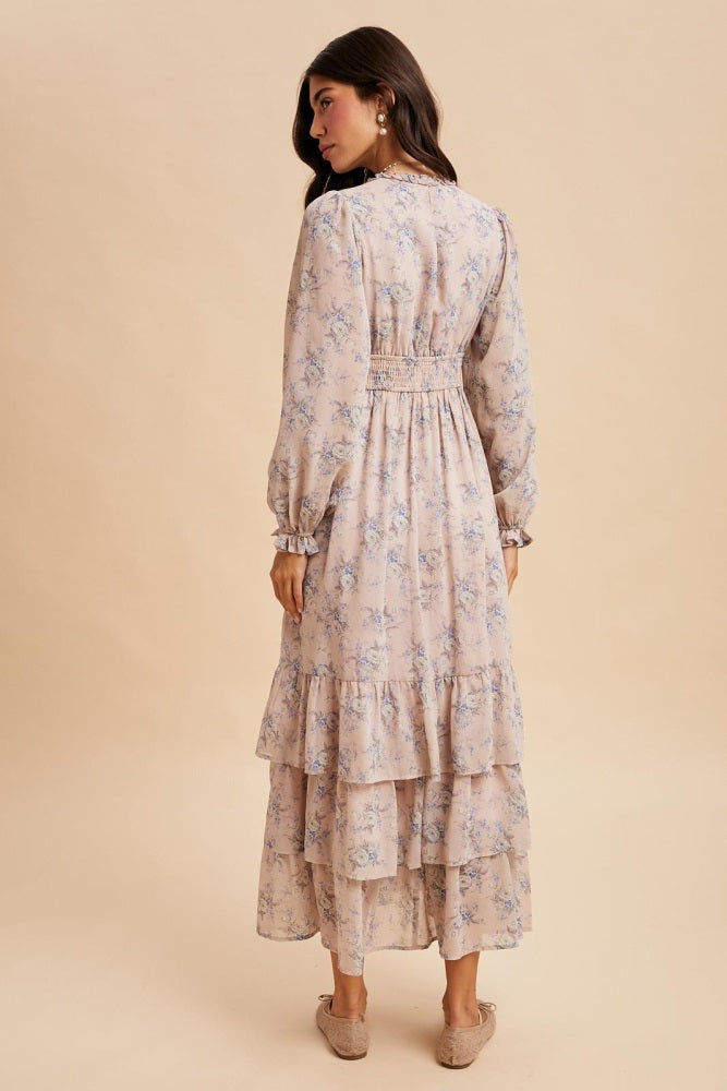 Light Pink Vintage Floral Ruffle Tiered Hem Maxi Dress