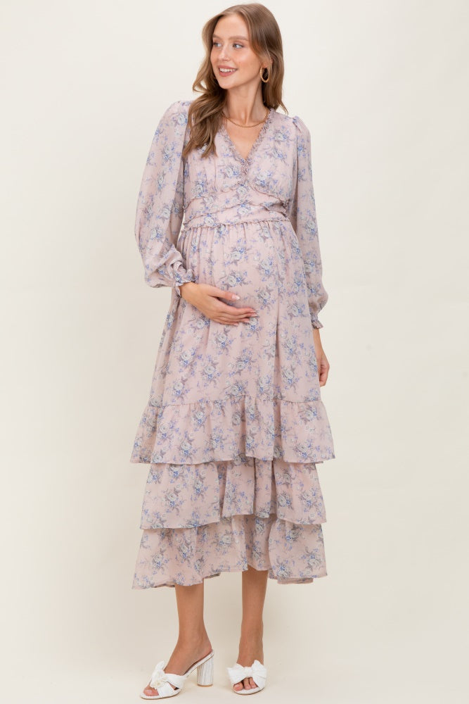 Light Pink Vintage Floral Ruffle Tiered Hem Maternity Maxi Dress
