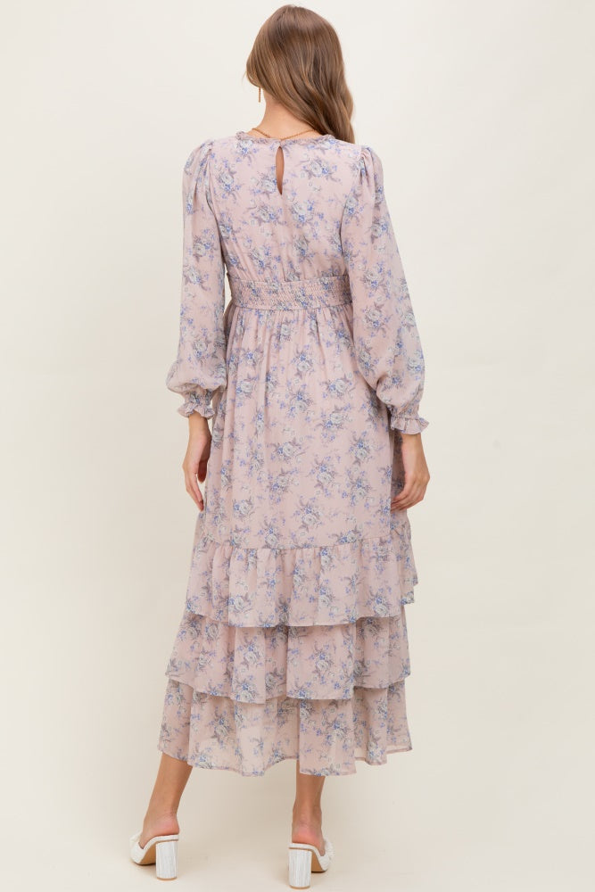 Light Pink Vintage Floral Ruffle Tiered Hem Maternity Maxi Dress