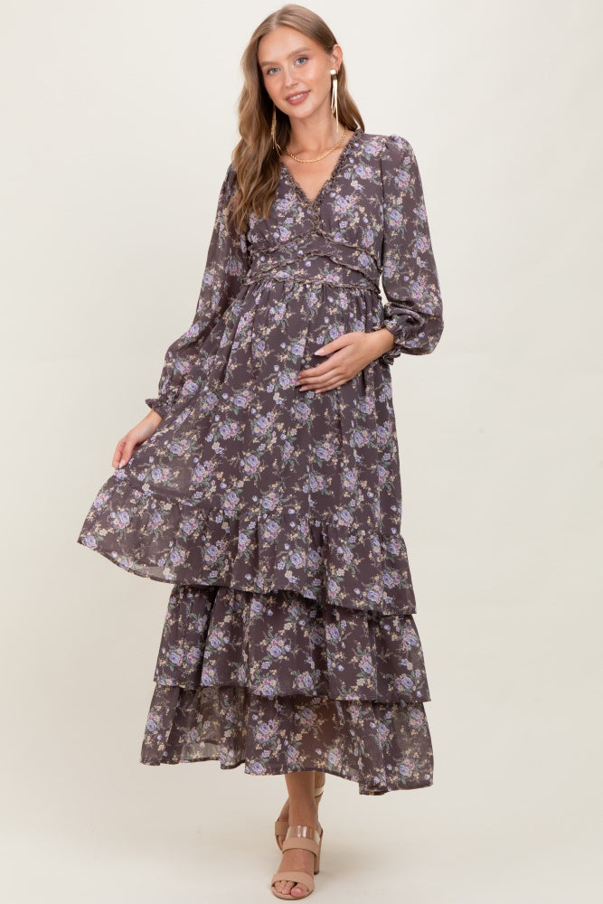 Brown Vintage Floral Ruffle Tiered Hem Maternity Maxi Dress