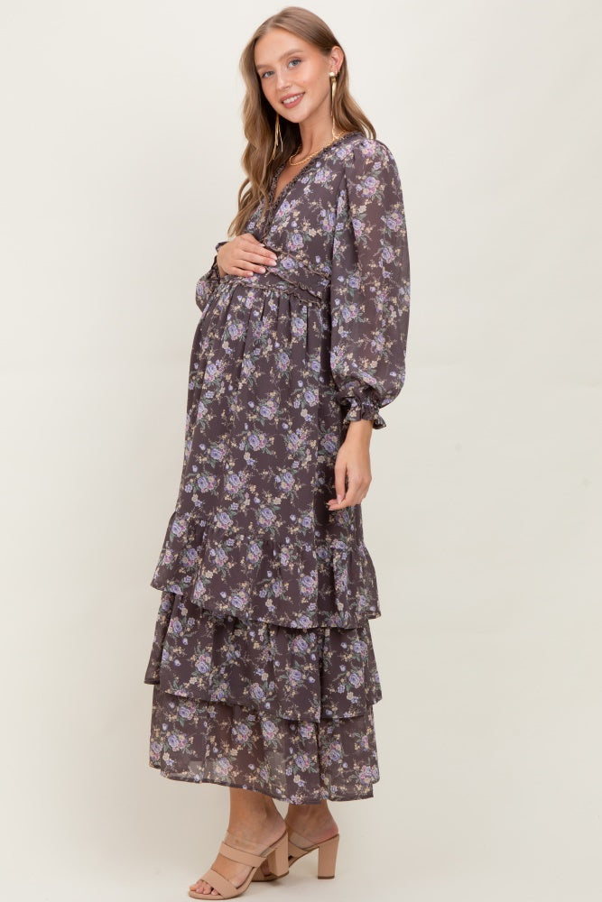 Brown Vintage Floral Ruffle Tiered Hem Maternity Maxi Dress