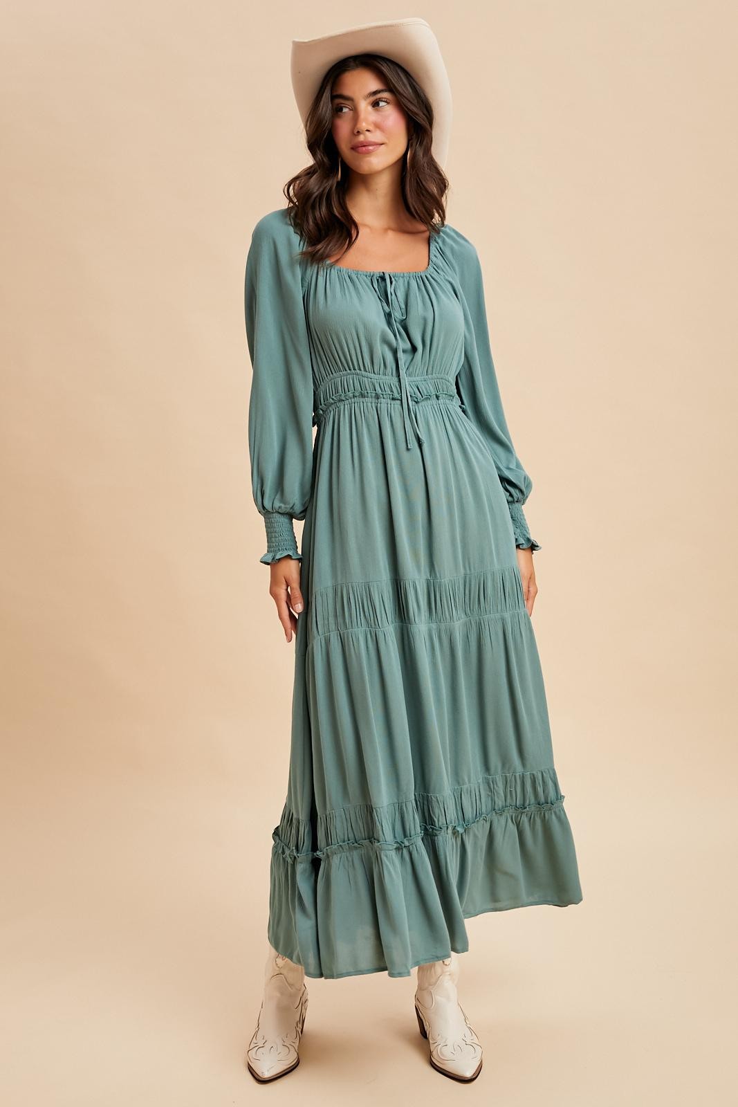 Teal Square Neck Long Sleeve Maternity Maxi Dress