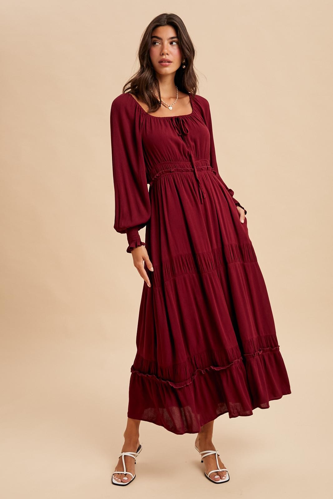 Burgundy Square Neck Long Sleeve Maxi Dress