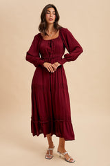Burgundy Square Neck Long Sleeve Maxi Dress