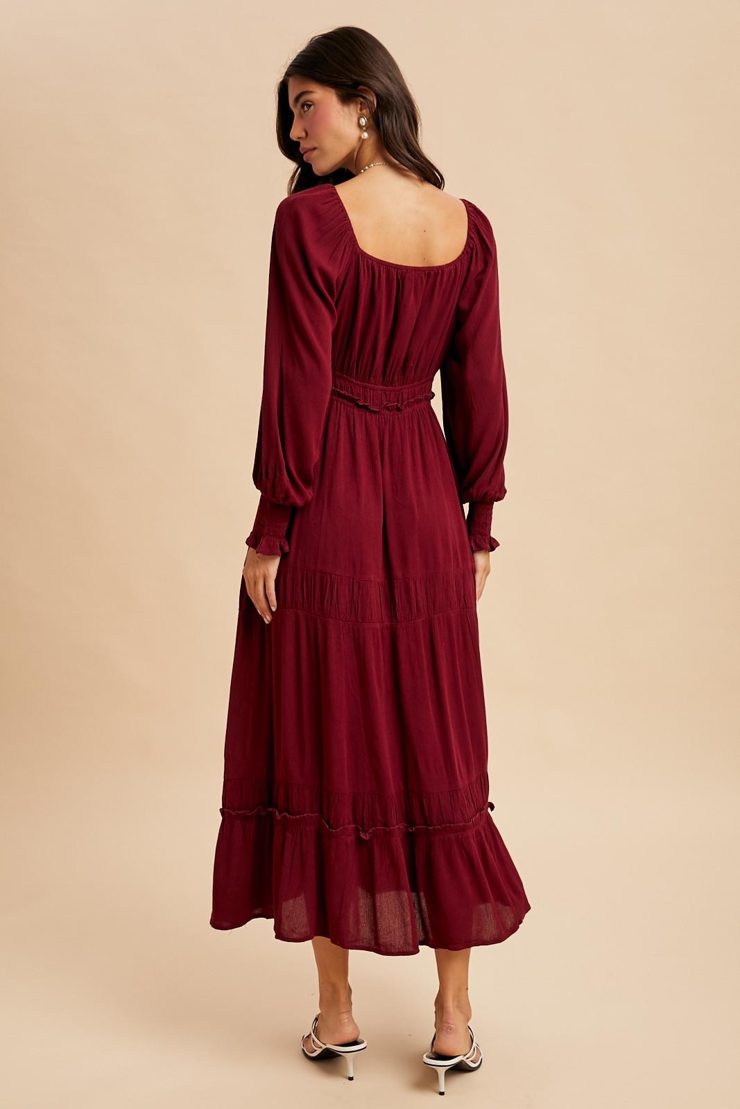 Burgundy Square Neck Long Sleeve Maxi Dress