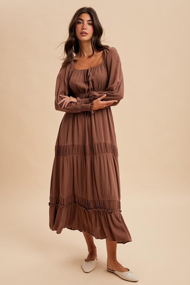 Mocha Square Neck Long Sleeve Maxi Dress