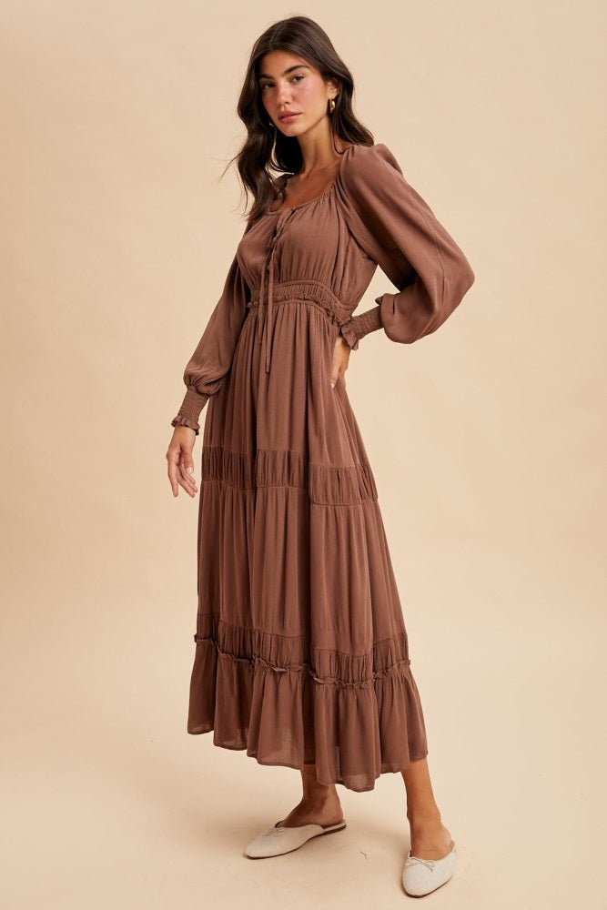 Mocha Square Neck Long Sleeve Maxi Dress