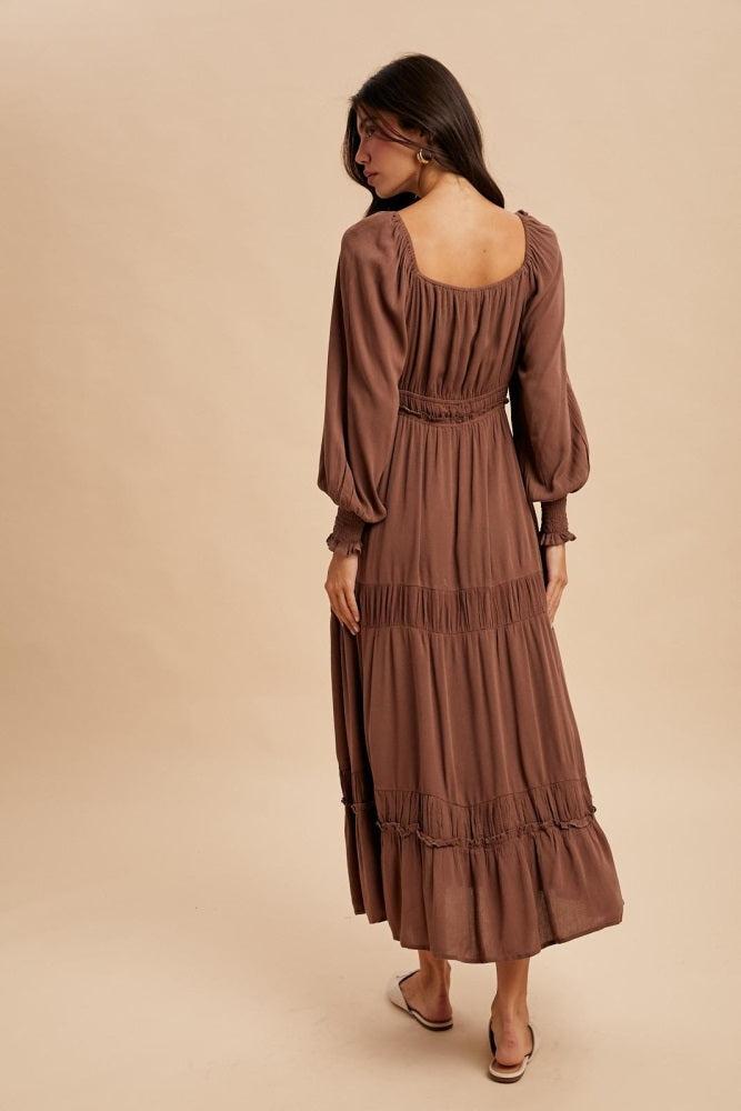 Mocha Square Neck Long Sleeve Maxi Dress