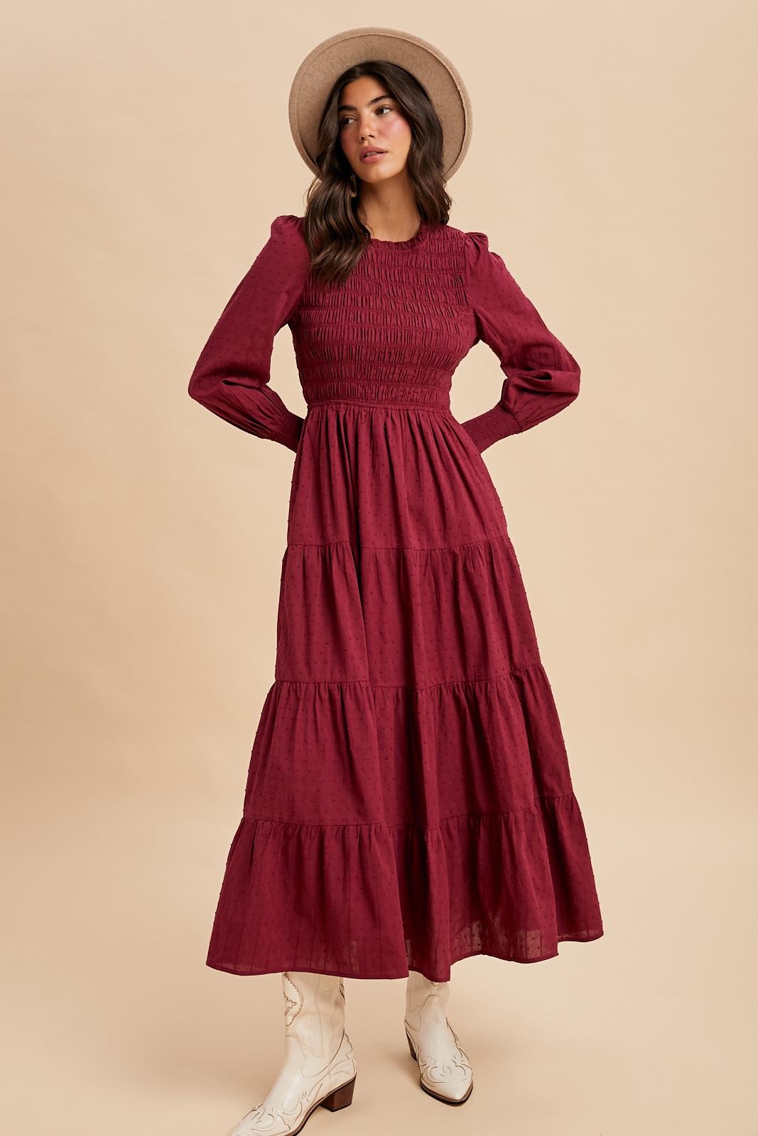 Burgundy Swiss Dot Smocked Tiered Maxi Dress