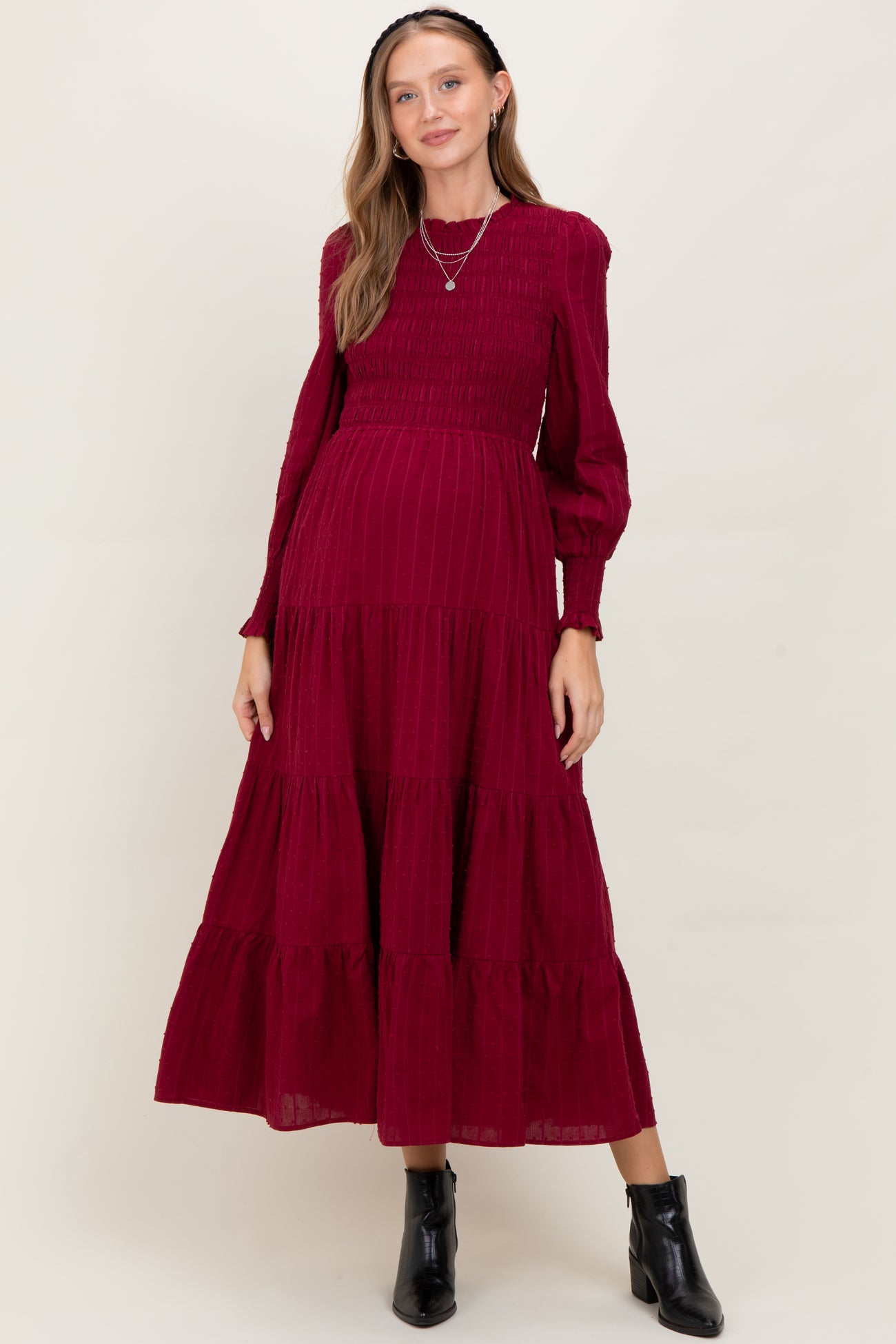 Burgundy Swiss Dot Smocked Tiered Maternity Maxi Dress