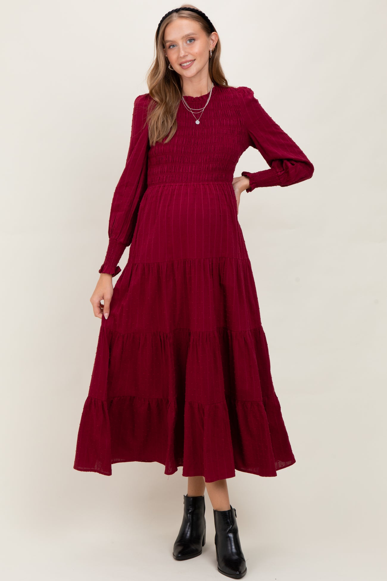 Burgundy Swiss Dot Smocked Tiered Maternity Maxi Dress
