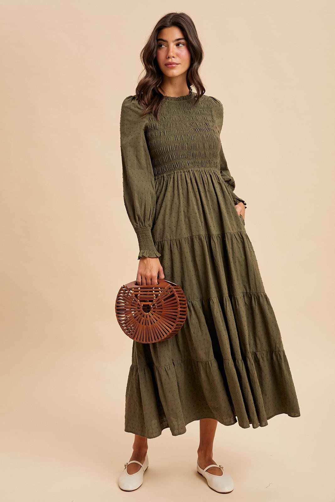 Olive Swiss Dot Smocked Tiered Maternity Maxi Dress