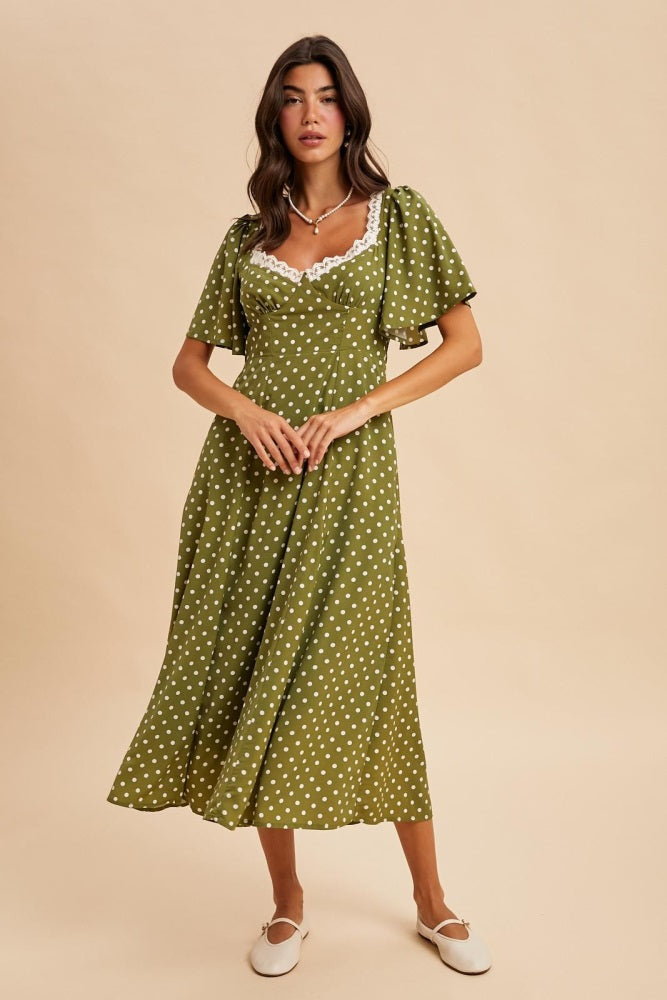 Olive Polka Dot Lace Trim Maxi Dress