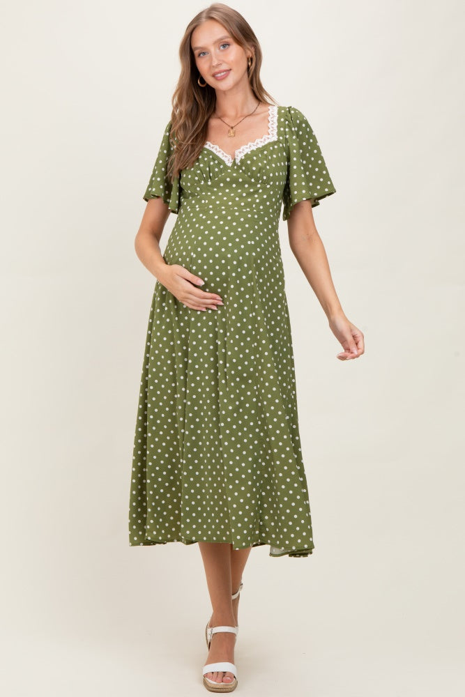 Olive Polka Dot Lace Trim Maternity Maxi Dress
