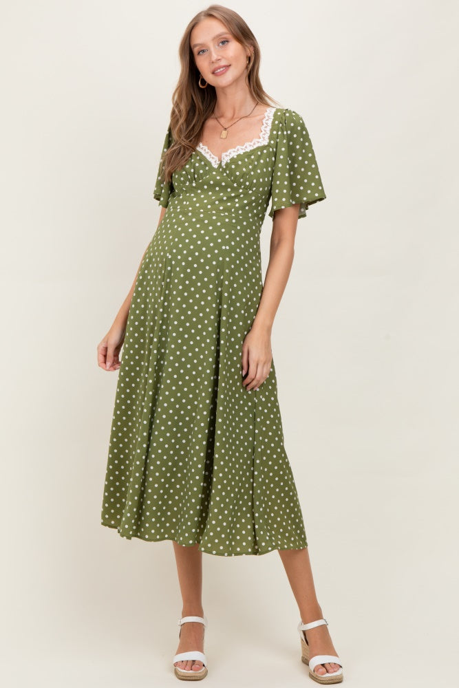Olive Polka Dot Lace Trim Maternity Maxi Dress