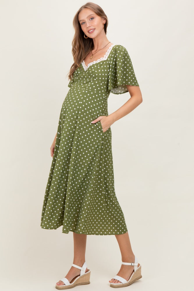 Olive Polka Dot Lace Trim Maternity Maxi Dress