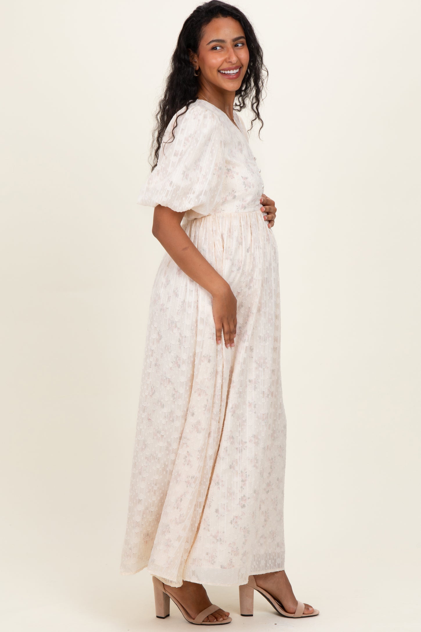 Cream Floral Textured Chiffon Overlay Maternity Maxi Dress